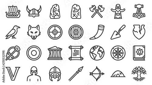Foto Viking mythology and Norse culture line icon set.