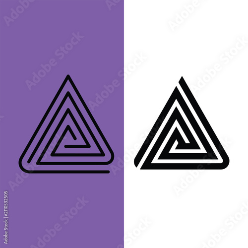 Minimalist geometric triangle spiral logo, abstract labyrinth line art icon, modern black triangular maze symbol on purple and white background