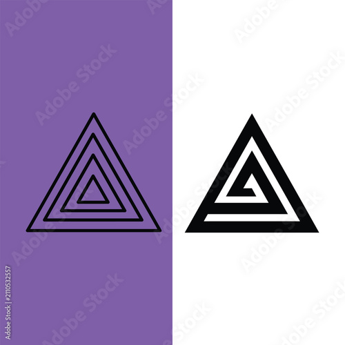 Minimalist geometric triangle logo icons, abstract spiral pyramid vector symbols, modern black linear triangular shapes for corporate branding