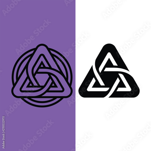 Celtic knot triangle logo set, interlocking geometric trinity symbols, purple and black knotwork vector icons for branding and tattoo design