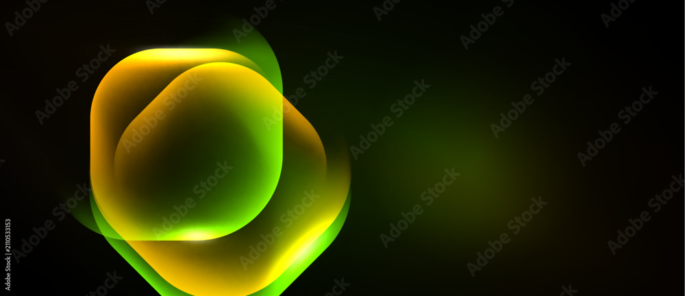 Naklejka premium Abstract glowing shapes overlap, creating vibrant green, yellow effect against dark background. Modern design element.