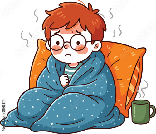 Obraz na płótnie Cute Cartoon Sick Little Boy with Fever Wrapped in Blanket Sitting by Pillow wit