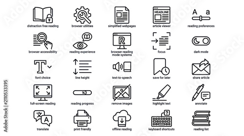 Web accessibility and digital reading assistance icon set