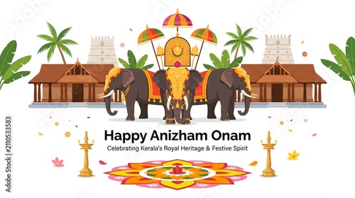 Happy anizham onam celebration with decorated elephants with elephants traditional oil