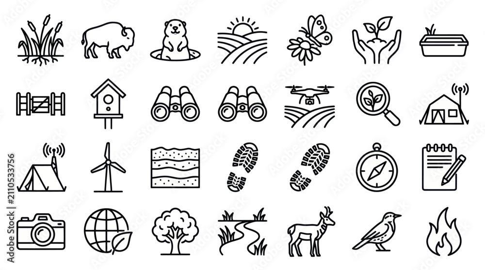 Fototapeta premium Wildlife and environmental conservation outline icon collection