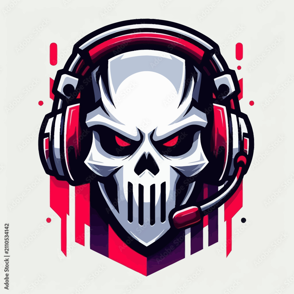 Fototapeta premium A menacing skull wearing gaming headphones with glowing red eyes, a digital art illustration.