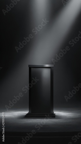 Black pedestal standing under dramatic spotlight in dark minimalist studio with sharp focus for luxury product branding