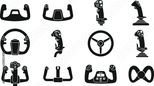 Collection of diverse flight simulator control yokes and steering wheels on a white background