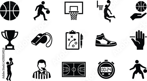 Fotografie Basketball icons collection with trophy and referee during gameplay representing