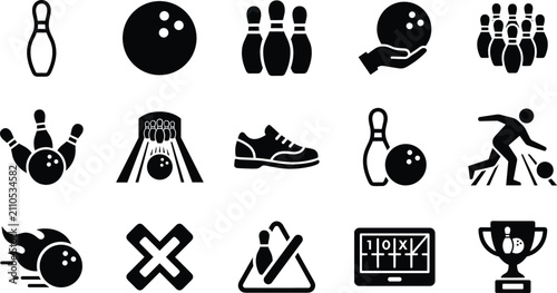 Obraz na płótnie Bowling icons set on a white background showing pins balls and a player in actio