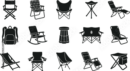 Collection of various outdoor camping chairs and portable seating silhouettes on white background