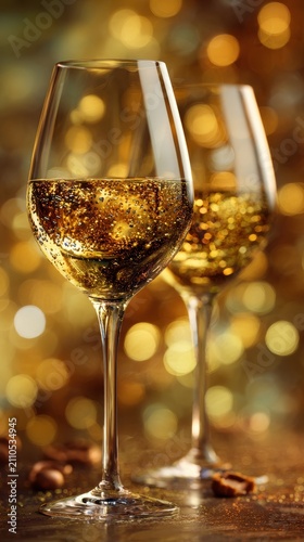 Golden sparkling wine glasses shimmering in a festive setting with warm bokeh light macro focus for luxury hospitality marketing