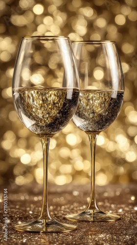 Champagne glasses filled with sparkling wine against a golden bokeh background in a vertical sharp focus shot for luxury event marketing