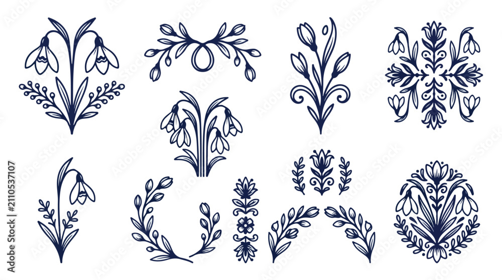 Fototapeta premium Set of Hand Drawn Snowdrop Floral Decorative Vector Elements Isolated