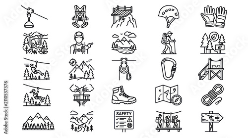 Adventure park zipline and hiking line icon set