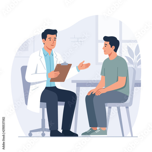 Doctor consulting patient in modern clinic office, discussion about health, medical consultation vector illustration