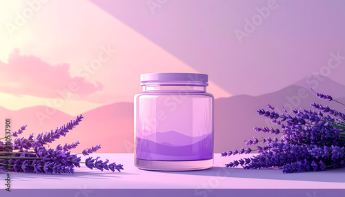 Lavender cosmetic jar with floral bouquet on pastel mountain landscape at sunset