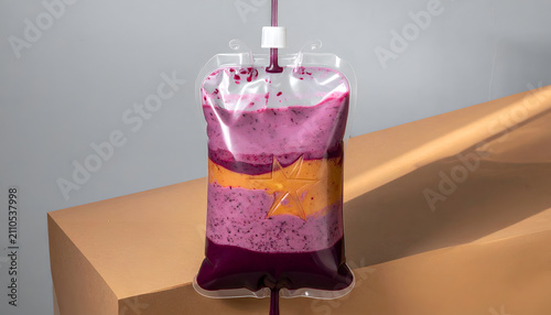 Layered berry smoothie in IV bag with star healthy drink poured into transparent pouch