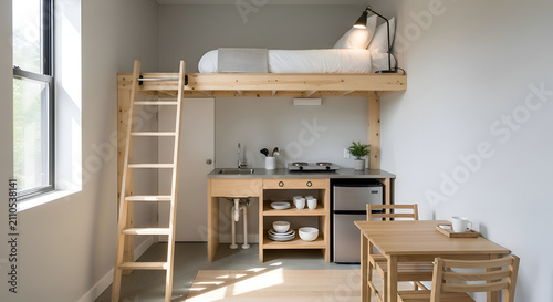 Loft bed with integrated kitchen ladder small dining table and chairs in modern studio apartment