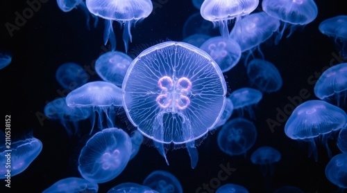 Luminescent moon jellyfish swarm swimming in deep dark blue water, glowing underwater marine life macro background
