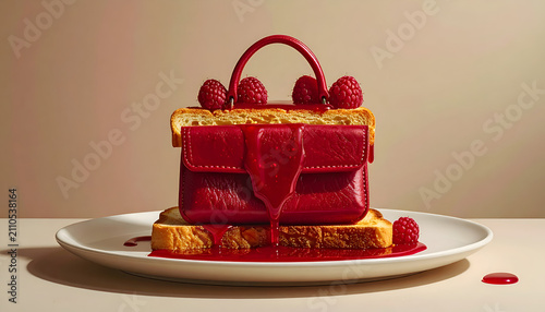 Luxurious red handbag presented on toast with raspberries and jam studio shot