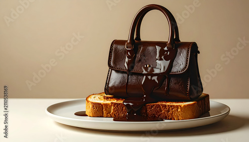 Luxury chocolate handbag draped over toast slices on a white plate surreal food art concept