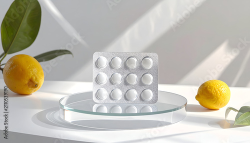 Pharmaceutical blister pack of white pills with lemons and leaves on a glass pedestal studio lighting