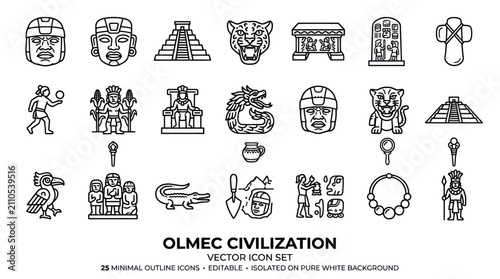 Obraz na płótnie Ancient Olmec civilization history line icon set.