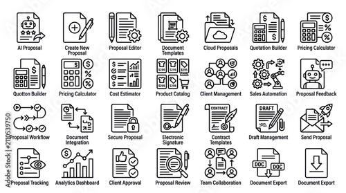 AI proposal creation and document pricing management icons.