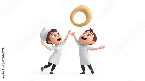 Cute 3D cartoon bakery couple joyfully tossing a sliced stuffed bread into the air. Fun teamwork, playful baking moment, clean white background