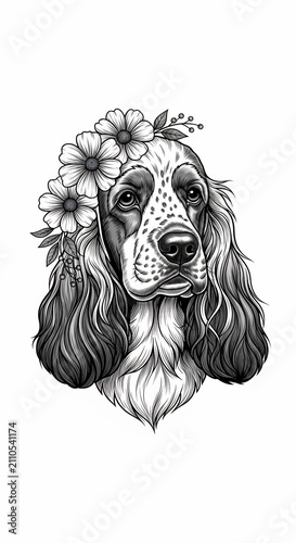 可憐な花冠を纏う、哀愁漂う犬のモノクロ線画