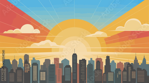 Vibrant urban city skyline against a dramatic sky with a radiating sun at sunrise or sunset