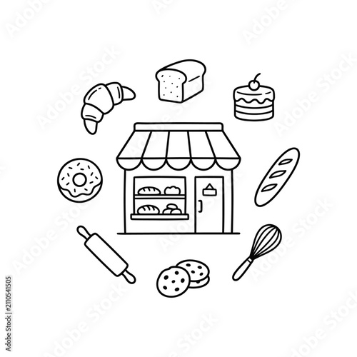 Bakery shop building icon framed by bread and pastries.