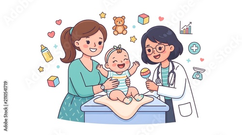 Colorful vector illustration of a happy mother holding her baby while consulting with healthcare professionals. Ideal for maternal health, pediatric care, family healthcare, hospitals, and parenting e