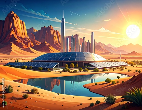 Futuristic desert cityscape with solar dome.