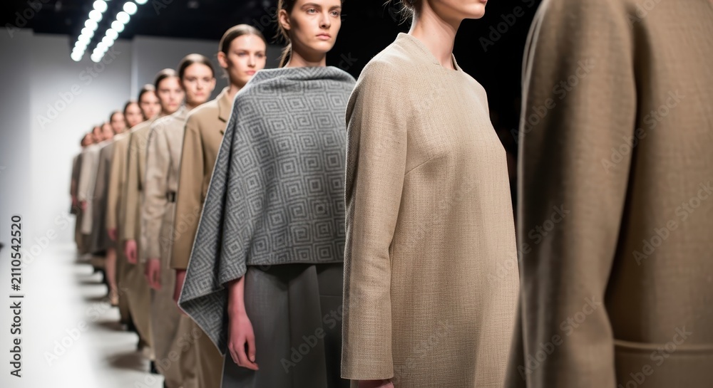 Obraz premium Professional Female Models Walking on Runway During High-End Fashion Show Presentation with Minimalist Designer Clothing