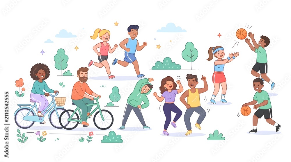 Fototapeta premium Colorful cartoon vector illustration showing people of all ages participating in cycling, jogging, walking, and fitness activities. Suitable for public health campaigns, community wellness, sports eve