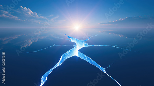Frozen ocean surface with glowing crack under sunrise and calm sky