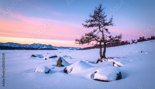 Serene winter scene with snow-covered rocks, a solitary tree, and a pastel-colored sky at sunset