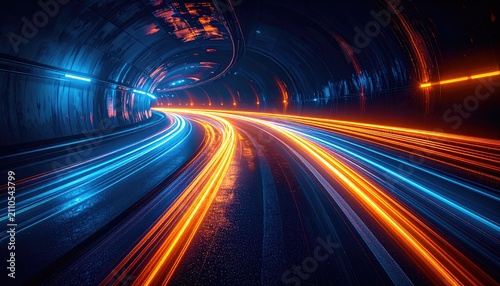 Illuminated tunnel with bright blue and orange light streaks; dramatic, high-speed feeling in an arched, dark cavern
