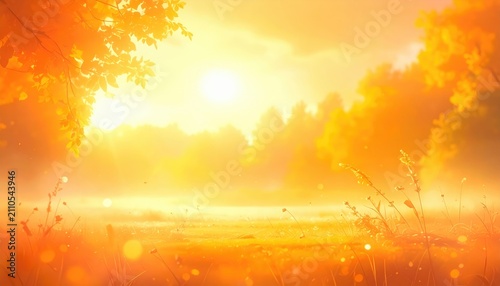 Golden landscape with sunlit field, trees, and fog, bathing the scene in warm, vibrant orange and yellow hues