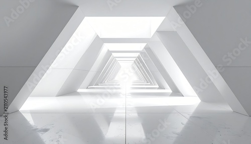 A white futuristic corridor with triangular supports, lit by a bright light at the end, reflecting on a glossy floor