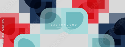 Abstract geometric pattern. Overlapping squares, circles, rectangles create modern design. Soft color palette, muted tones present.