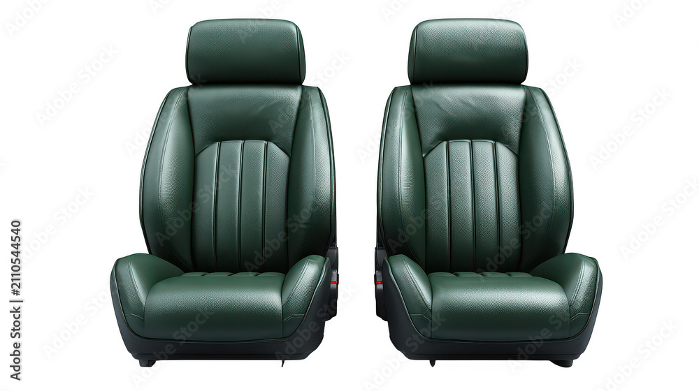 Fototapeta premium Car seats upholstered in dark green leather stand side by side against a clean white background to showcase automotive interior design features and craftsmanship for a potential luxury vehicle.