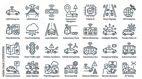 Autonomous vehicle technology and smart transportation icons.