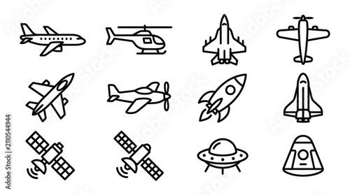 Aviation and space transport line icon set.