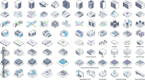 Bild auf Leinwand Isometric Data Center and Server Infrastructure Vector Line Icon Set for Cloud C