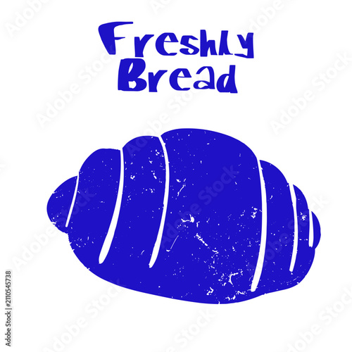 Minimalist hand drawn doodle print design with vintage grunge texture, featuring a blue bread icon. Graphic asset for bakery logo, cafe wall art, menu card, packaging, and sign board.
