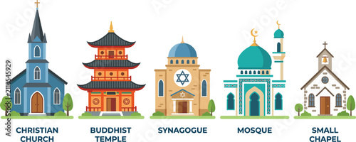 Foto Flat Vector Set of Religious Buildings and Places of Worship Including Church, T