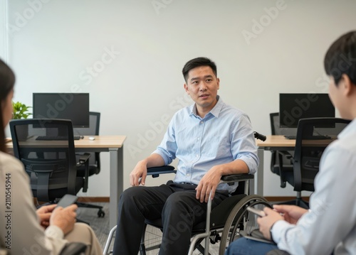 Man in wheelchair during office meeting with colleagues